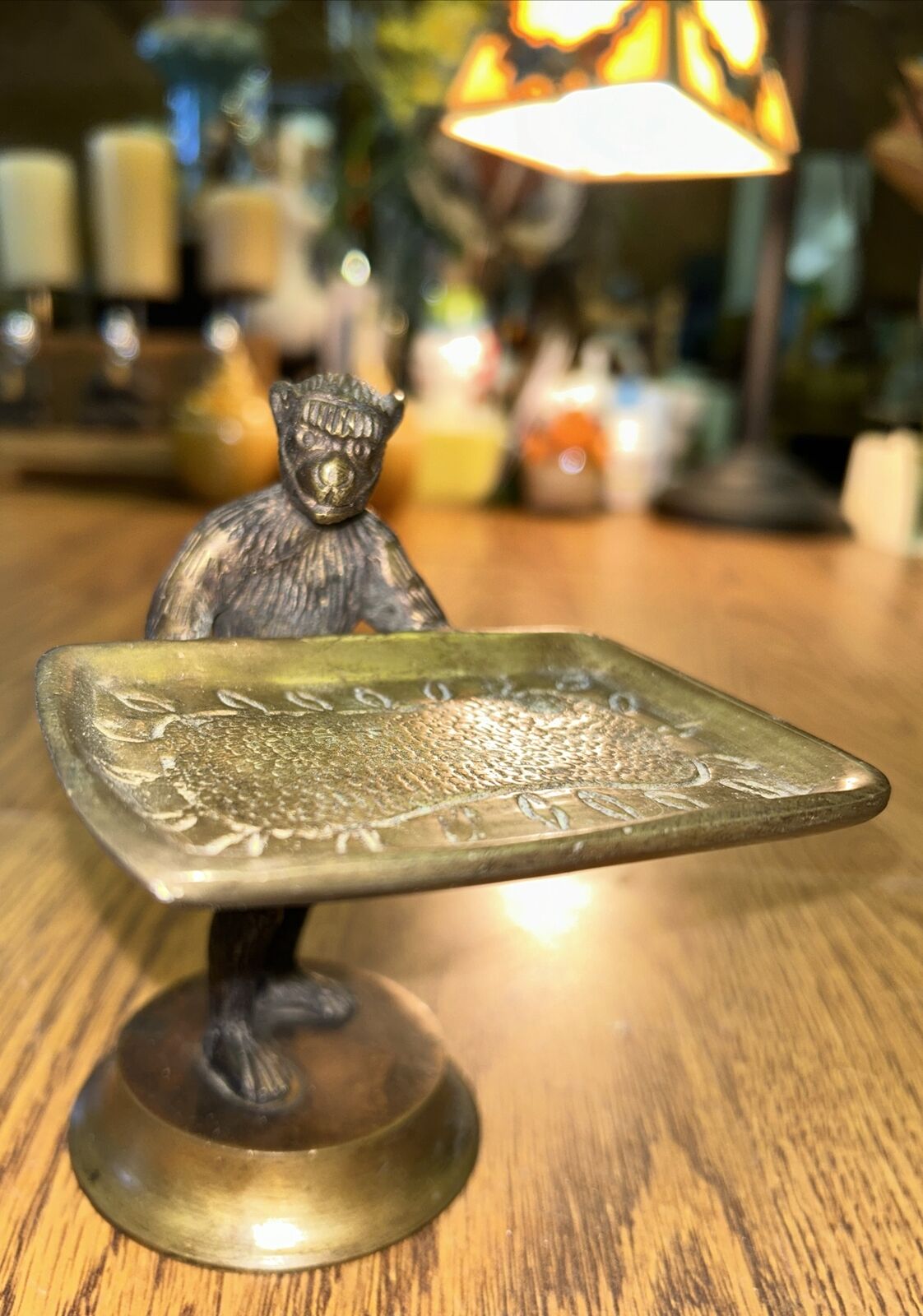 Antique Brass Monkey Holding Tray Business Card Holder - 5” tall