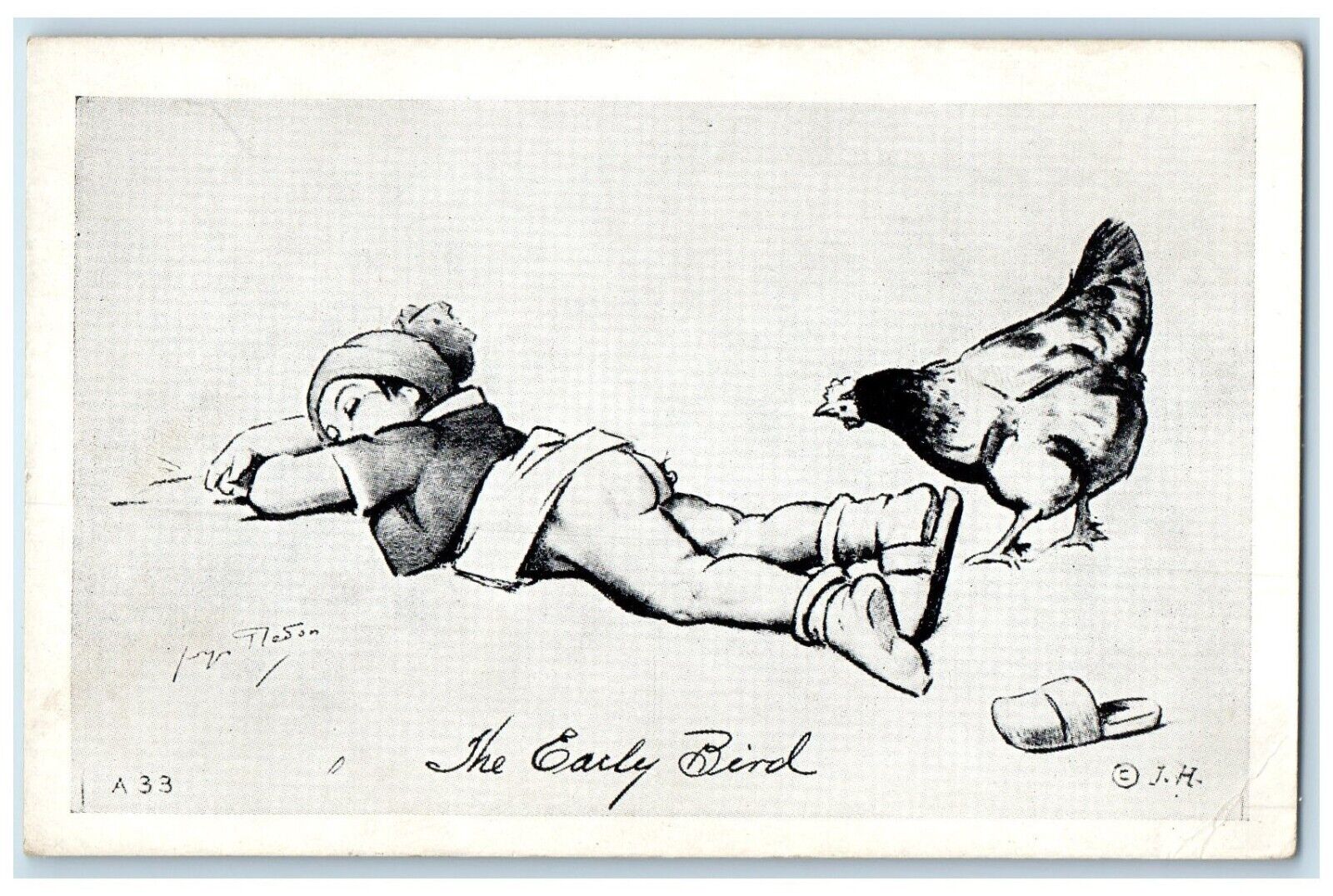 The Early Bird Little Kid Sleeping Chicken Hen Unposted Vintage Postcard