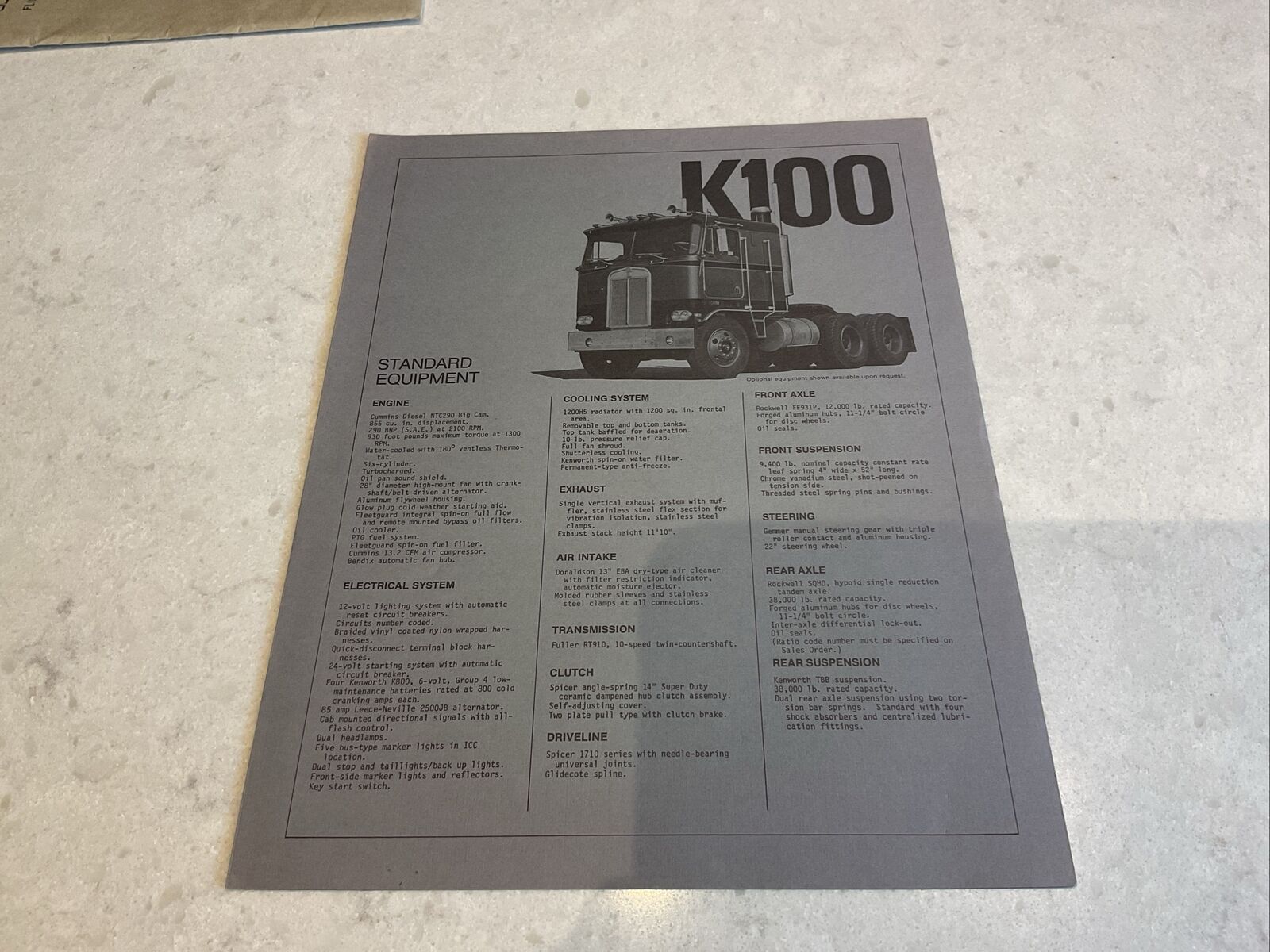 Kenworth K100 Standard And Optional Equipment Spec Sheet 1978