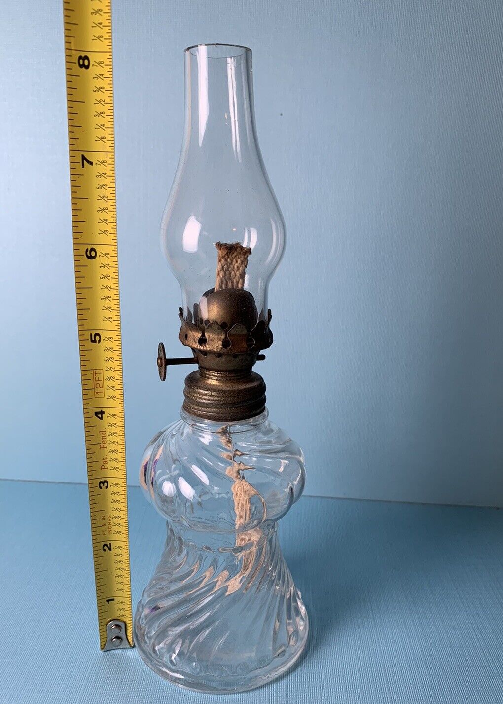 Antique P & A Acorn Miniature Swirled Glass Kerosene Oil Lamp 8”