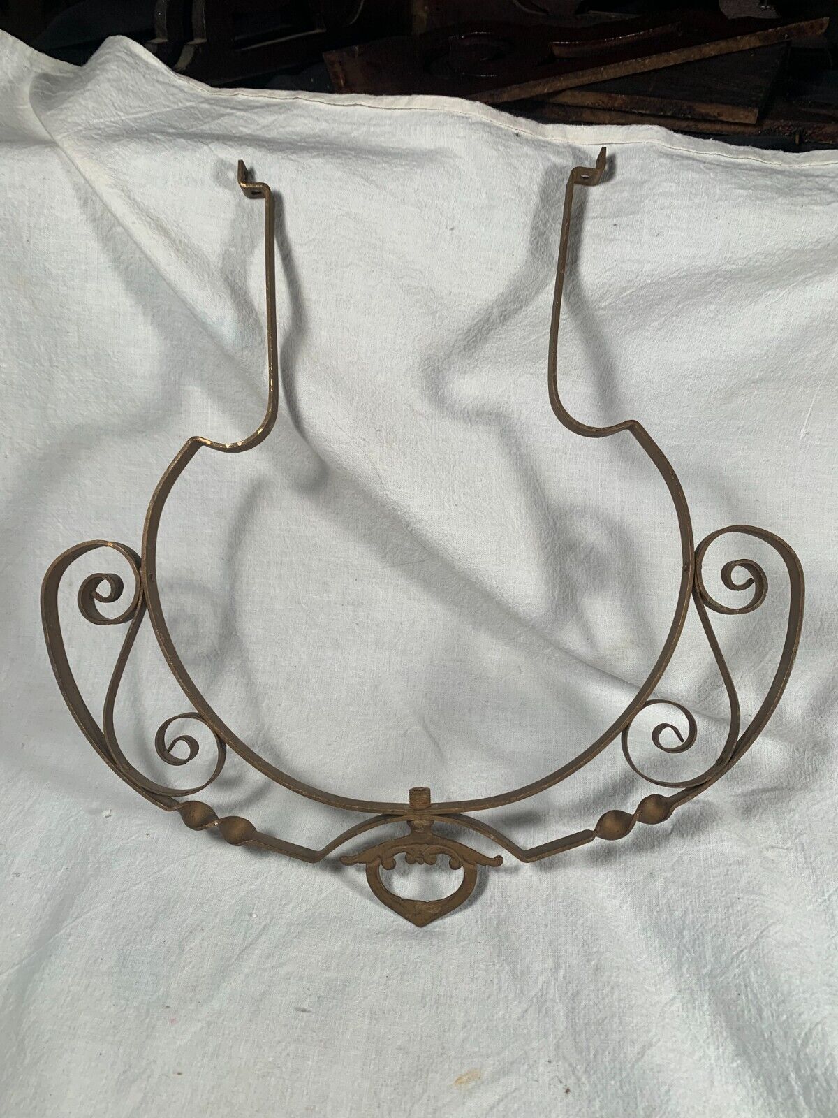 Antique Cast Brass Victorian HANGING Oil LAMP Pinch Frame Harp c1880s