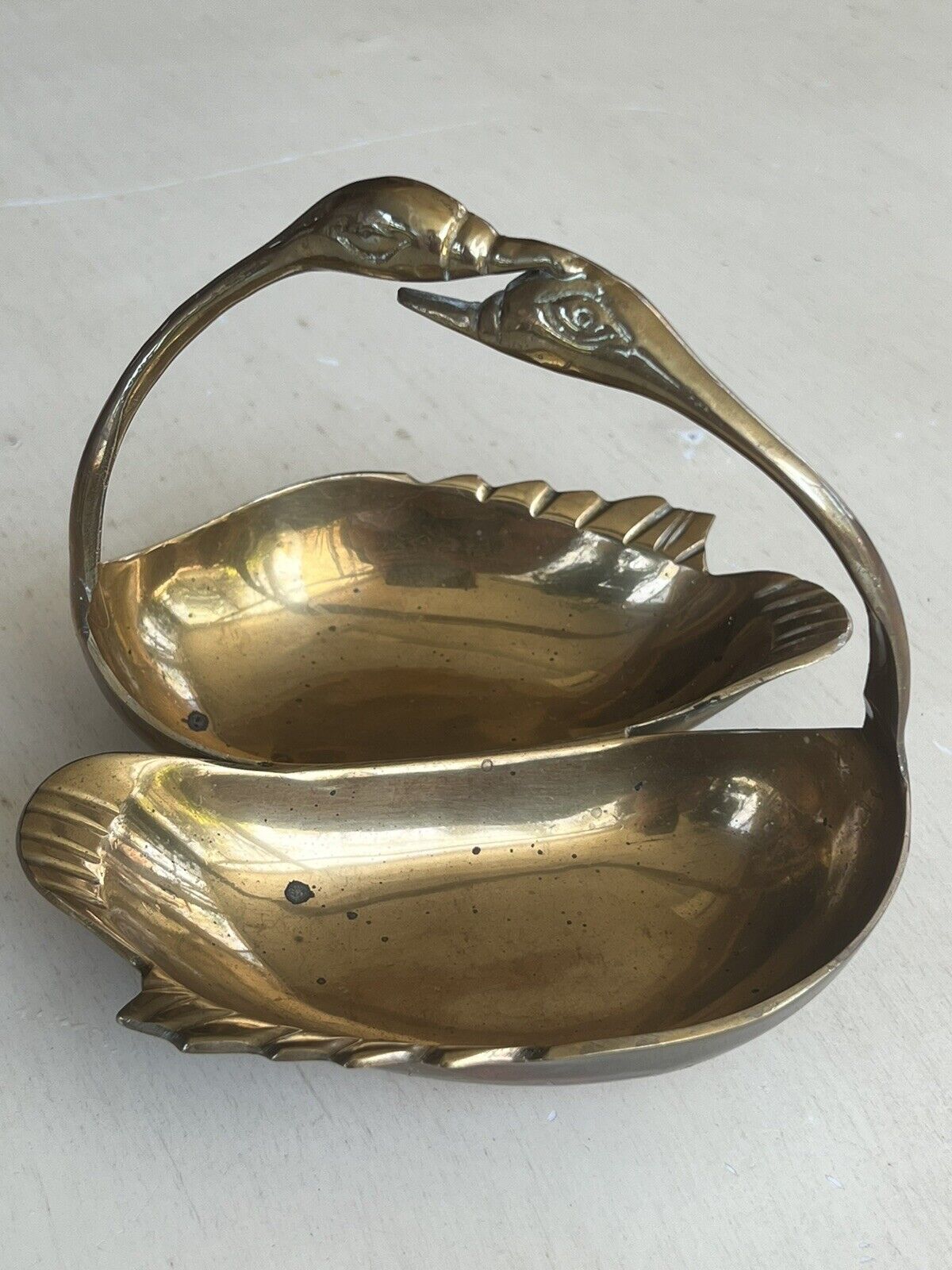 Vintage Brass Double Swan Geese Jewelry Trinket Dish India 5\