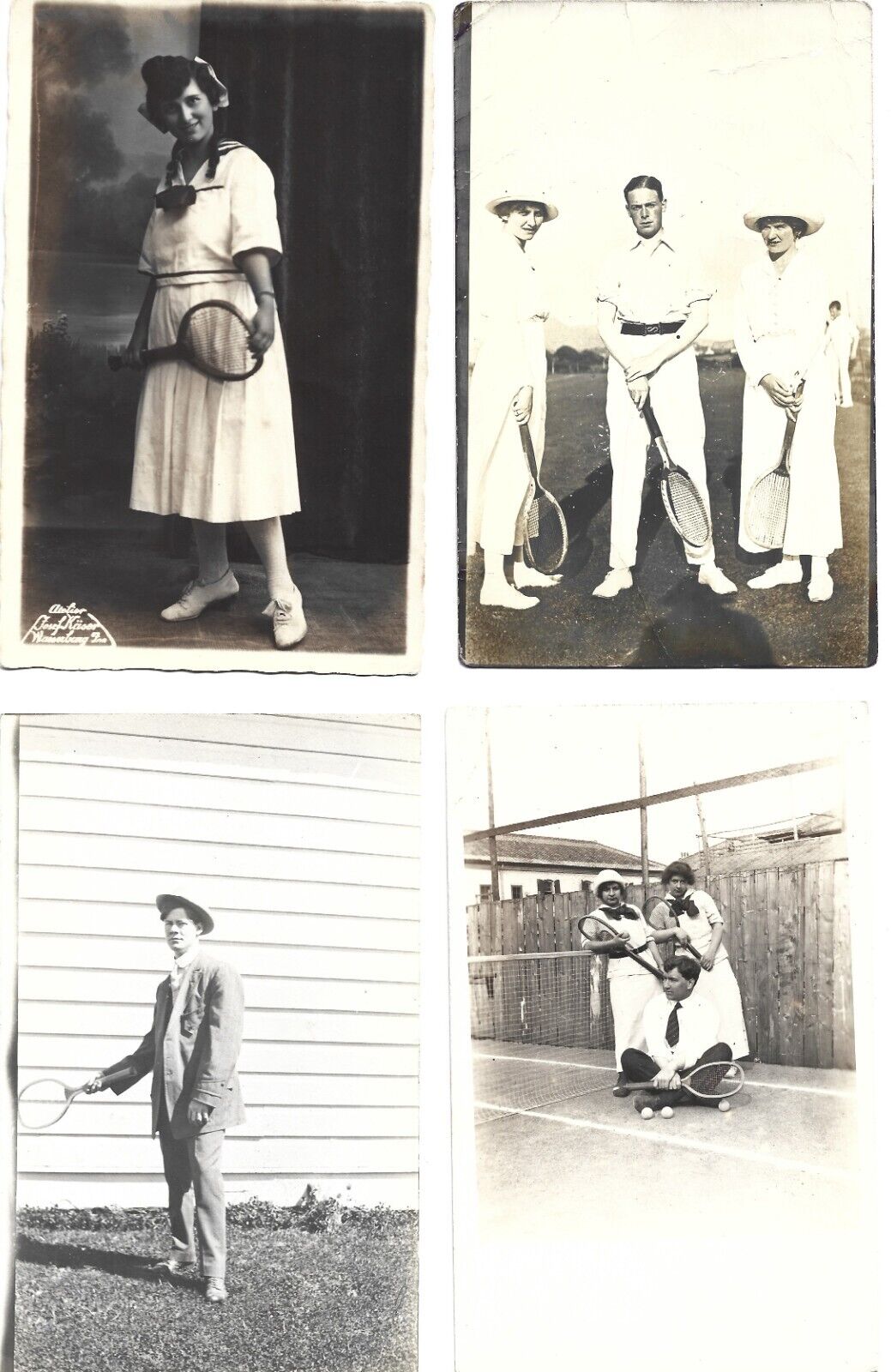 Four vintage tennis RPPCs, 1910s; men and women w/tennis racquets