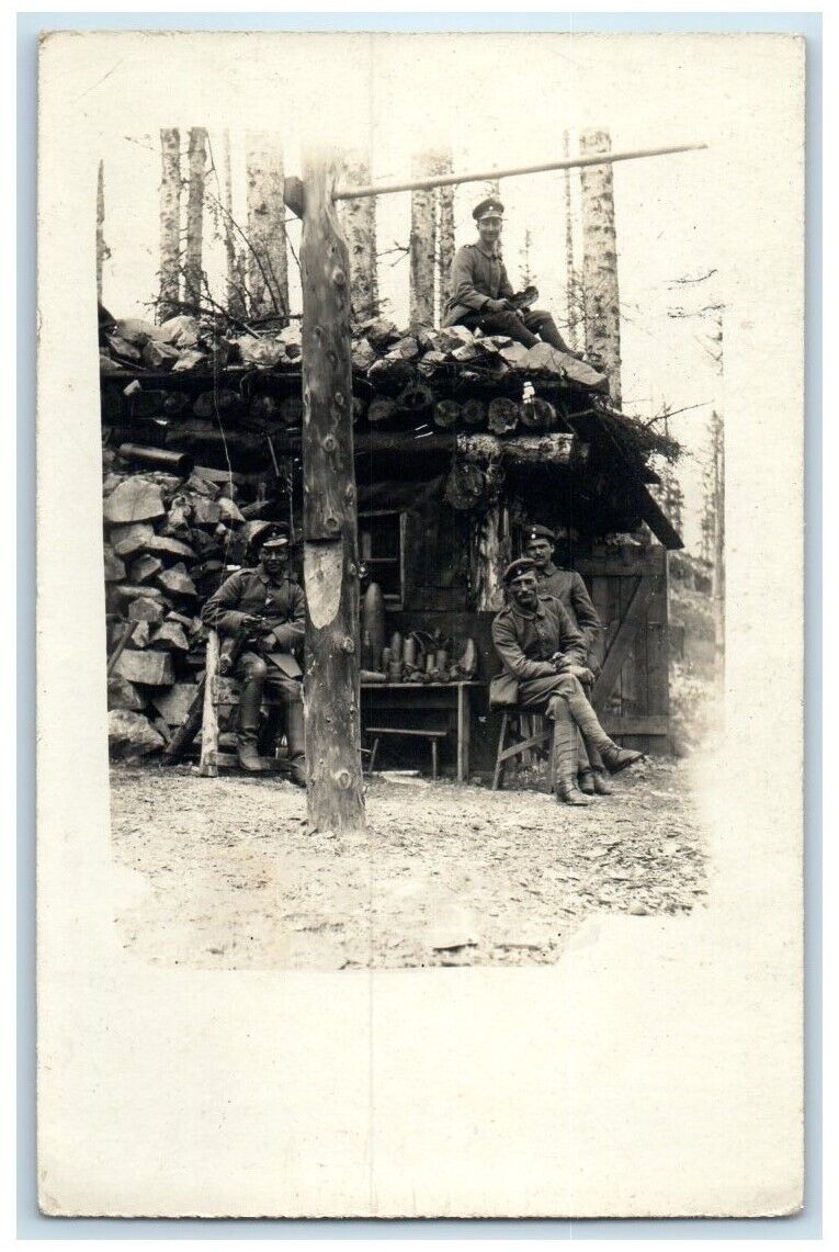 c1914-1918 WWI German Soldiers Log Cabin View Germany RPPC Photo Postcard