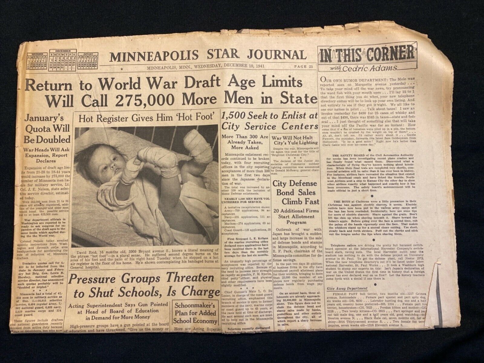 Minneapolis Star Journal Newspaper Dec 10th, 1941 Draft Quotas Bond Sales