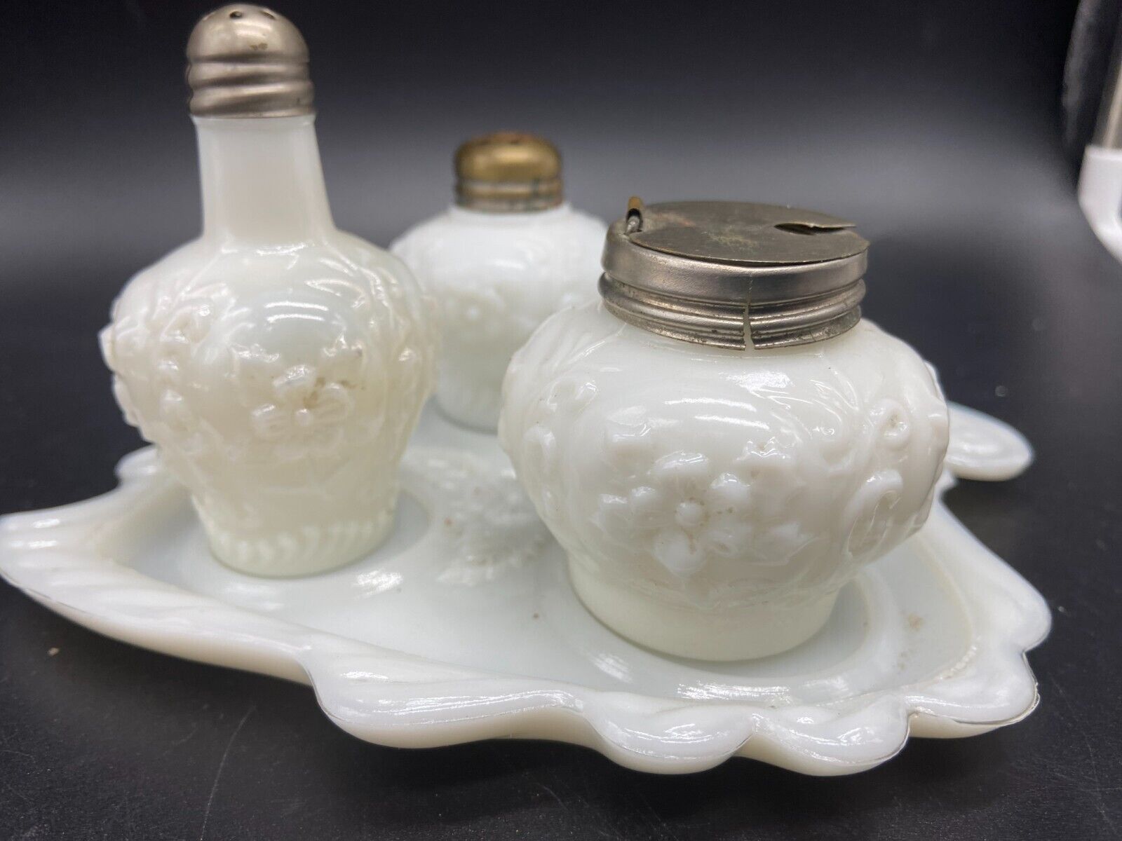 Antique 4 Pc. Milk Glass Set   Tray Salt & Pepper Shaker & Condiment Jar Childs?