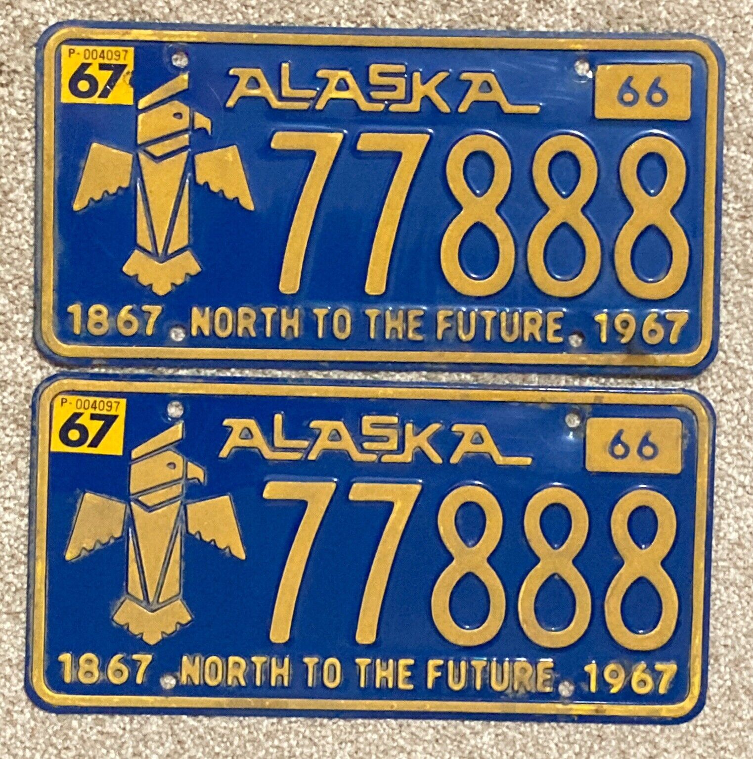 Pair of Classic 1966-1967 ALASKA TOTEM POLE LICENSE PLATES #77888 Lucky Numbers