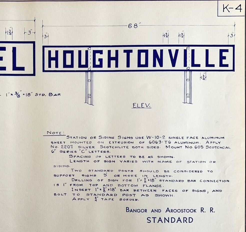 1966 Railroad Bangor Aroostook Houghtonville Station Sign Blueprint K4 DWDD12