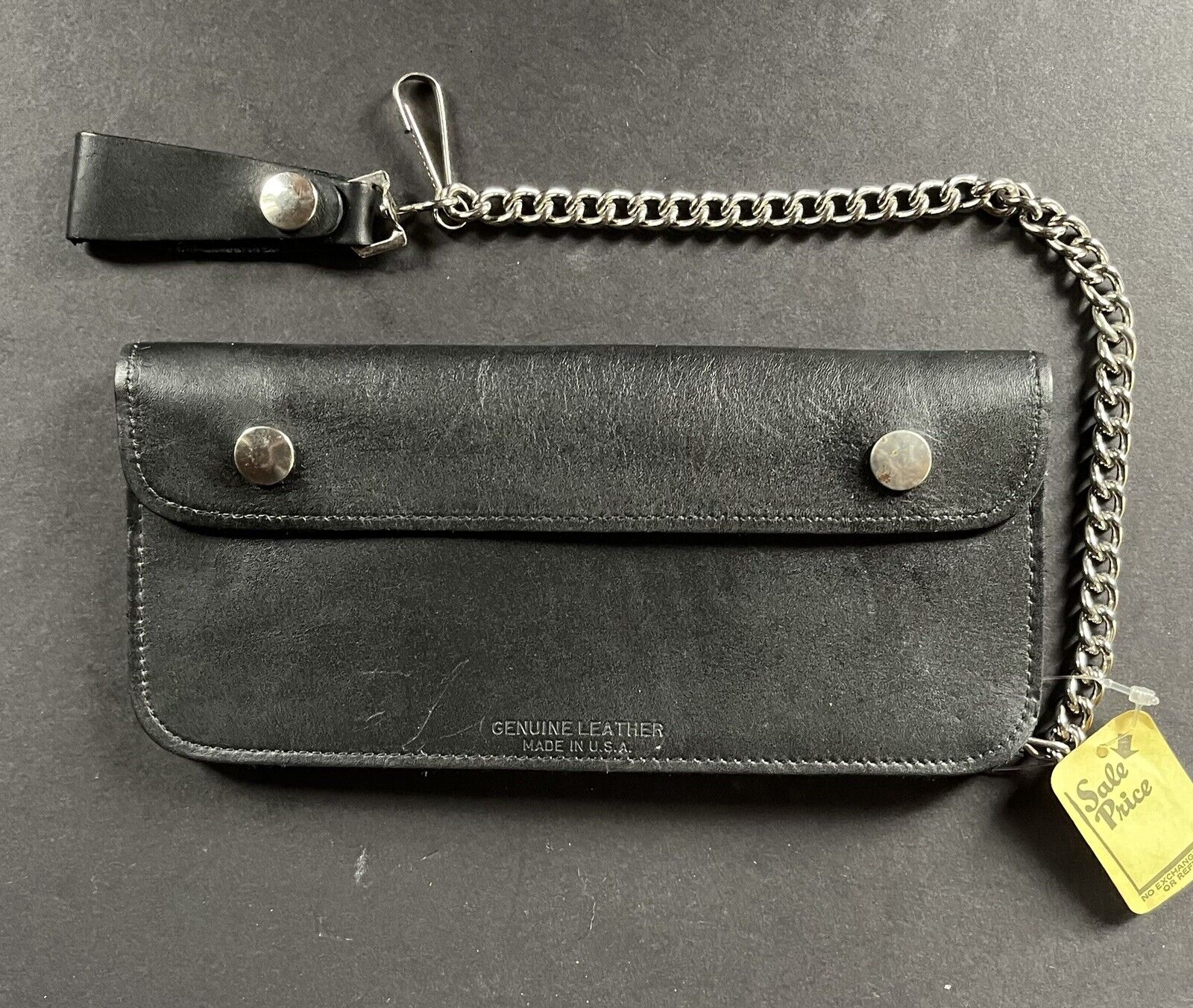 Deadstock NOS VTG 70s LARGE XL Black Leather Motorcycle Chain Wallet MC Chopper