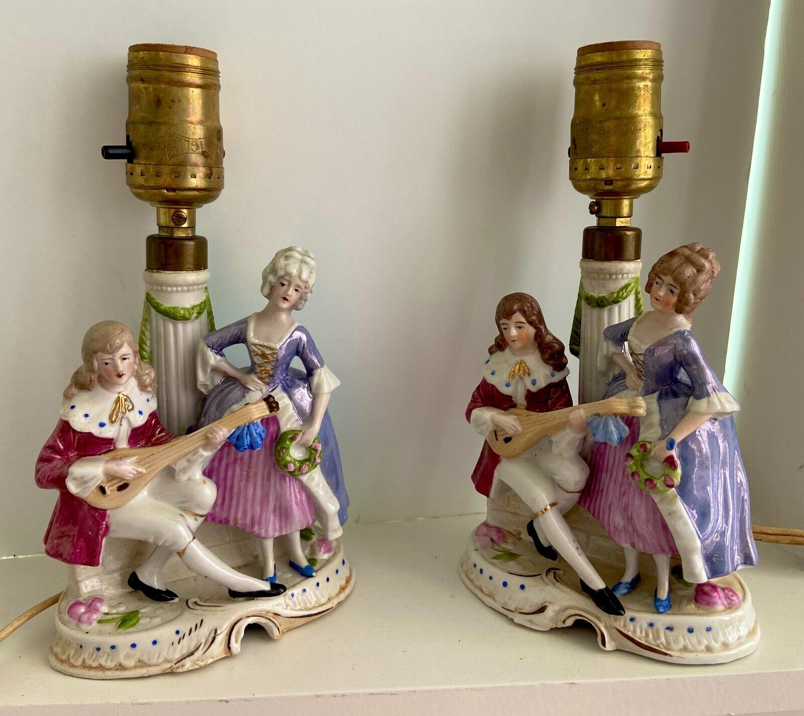 Antique Courting Couples German Porcelain (Two) Lamps M. Houlberg Figurines