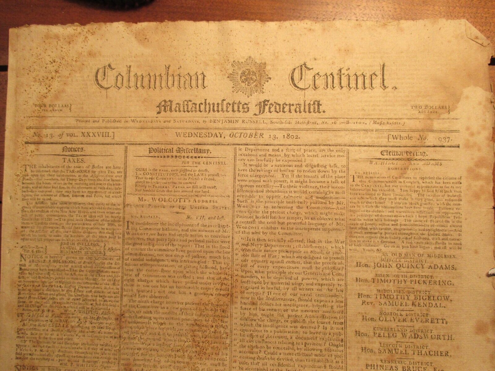 ANTIQUE NEWSPAPER 1802-NAPOLEAN BONAPARTE-JOHN Q ADAMS-Columbian Cent.Oct. 13 