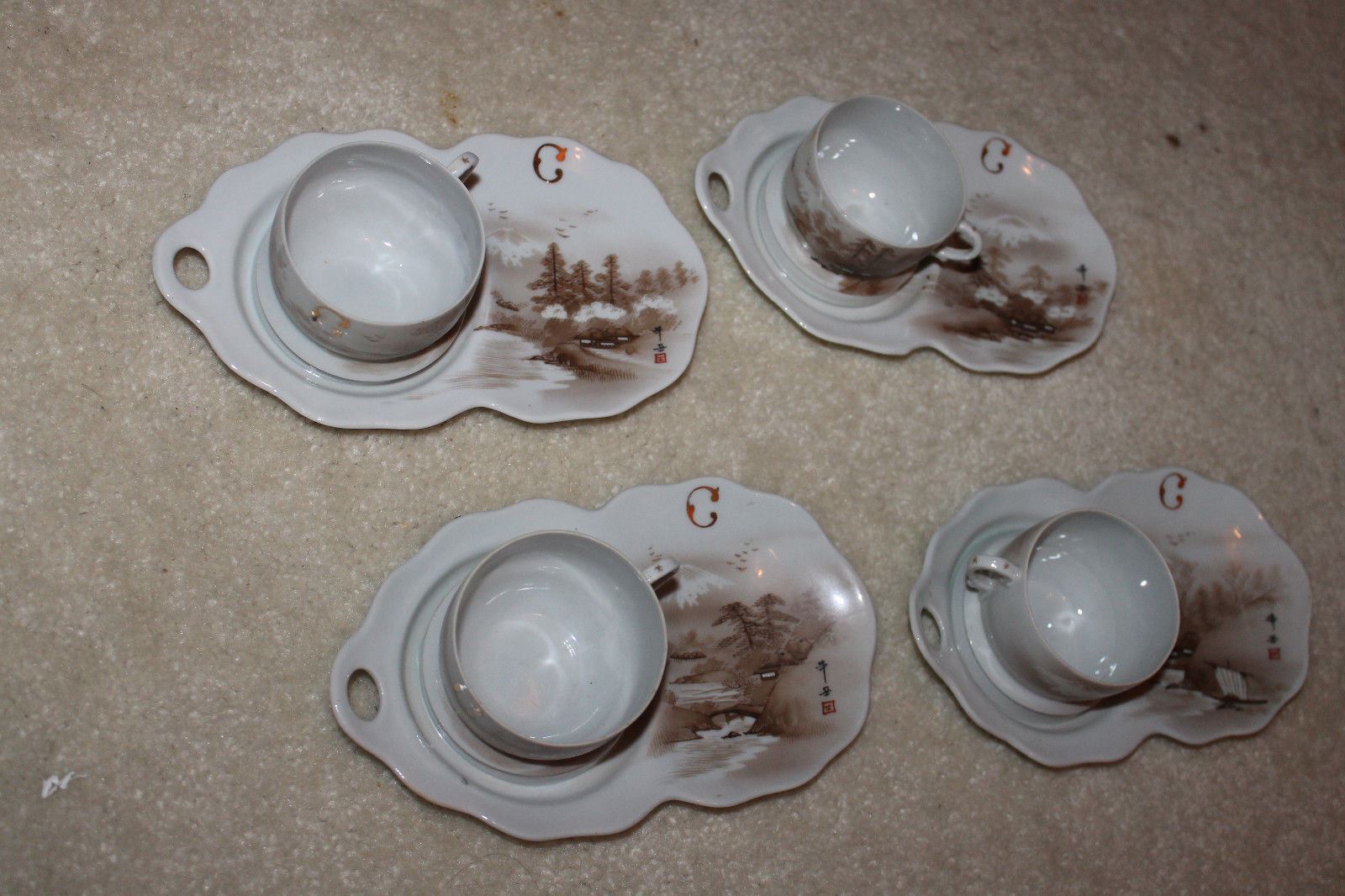 4 sets of Japanese Antique Kutani Eggshell Porcelain cup & saucer hand painted