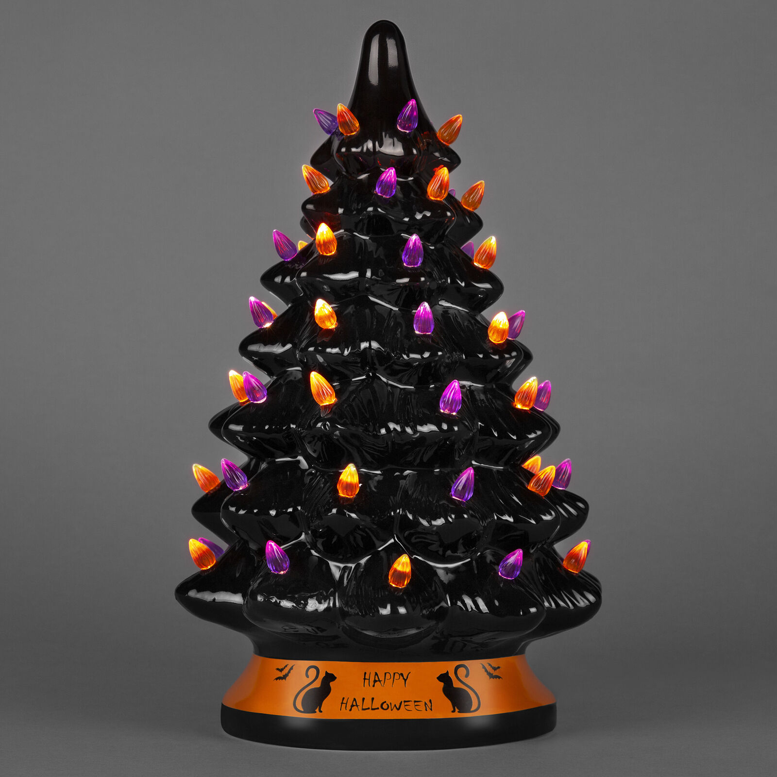 Pre-Lit 15in Ceramic Tabletop Halloween Tree with Orange & Purple Bulb Lights