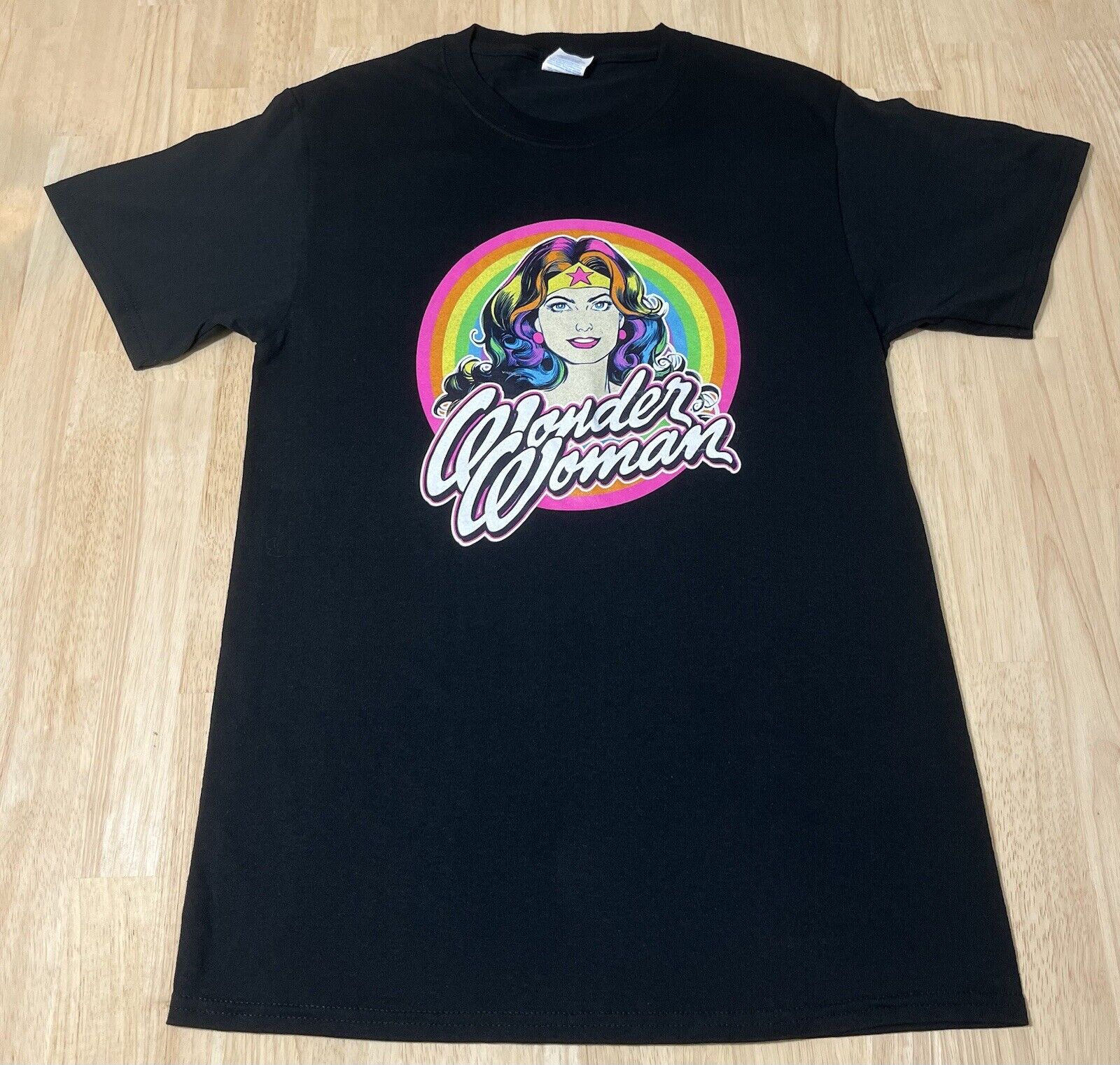 (Womens S) WONDER WOMAN Rainbow Shirt DC Colorful Retro Graphic Tee NWOT