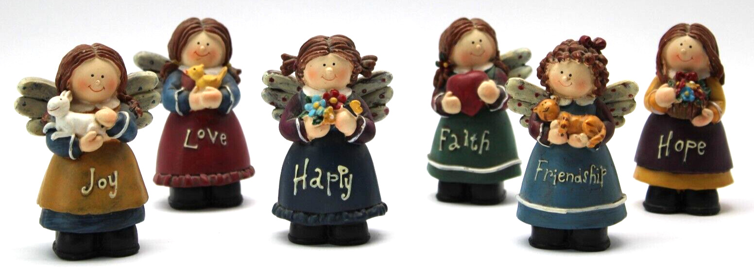 Youngs Lot of 6 Angel Figurines Joy Hope Love Happy Friendship Faith Ornaments