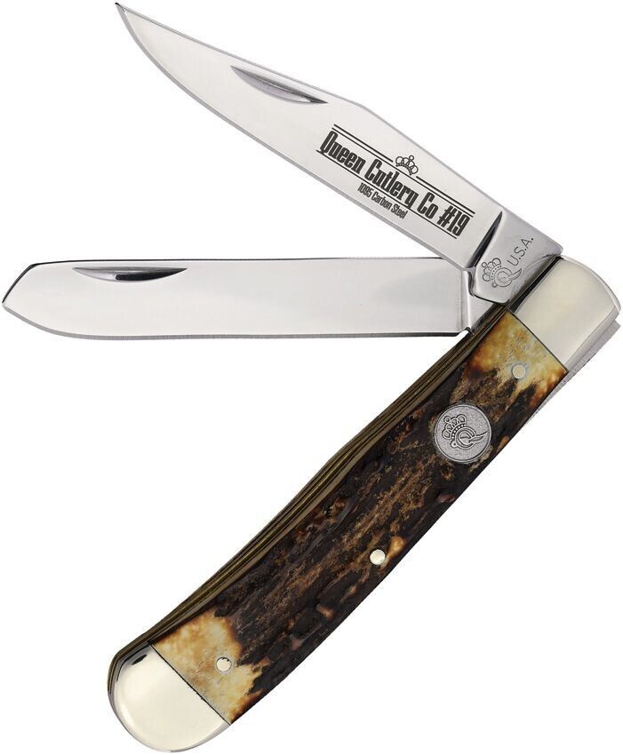 QUEEN CUTLERY KNIFE - STAG TRAPPER - #QGSH54 - C/S BLADES - 4.13\