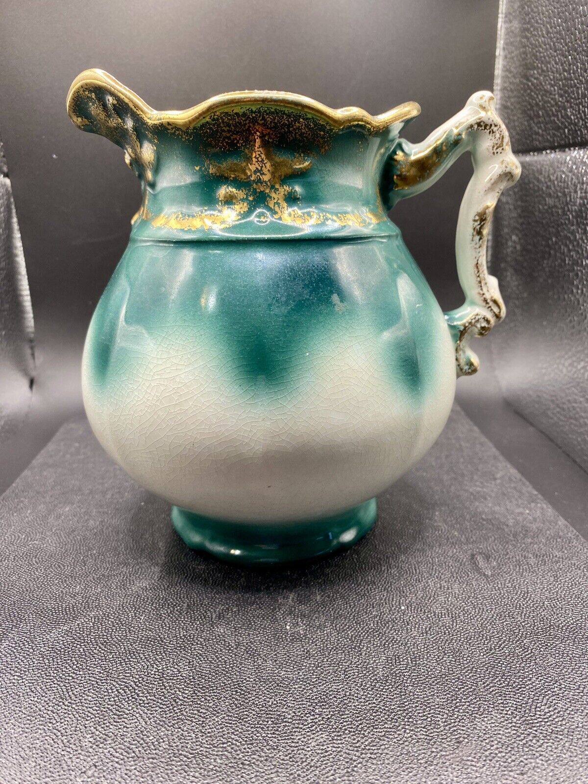 1900s Antique D.F. Haynes (Baltimore) Corsican Teal and White Pitcher, Gold Gilt
