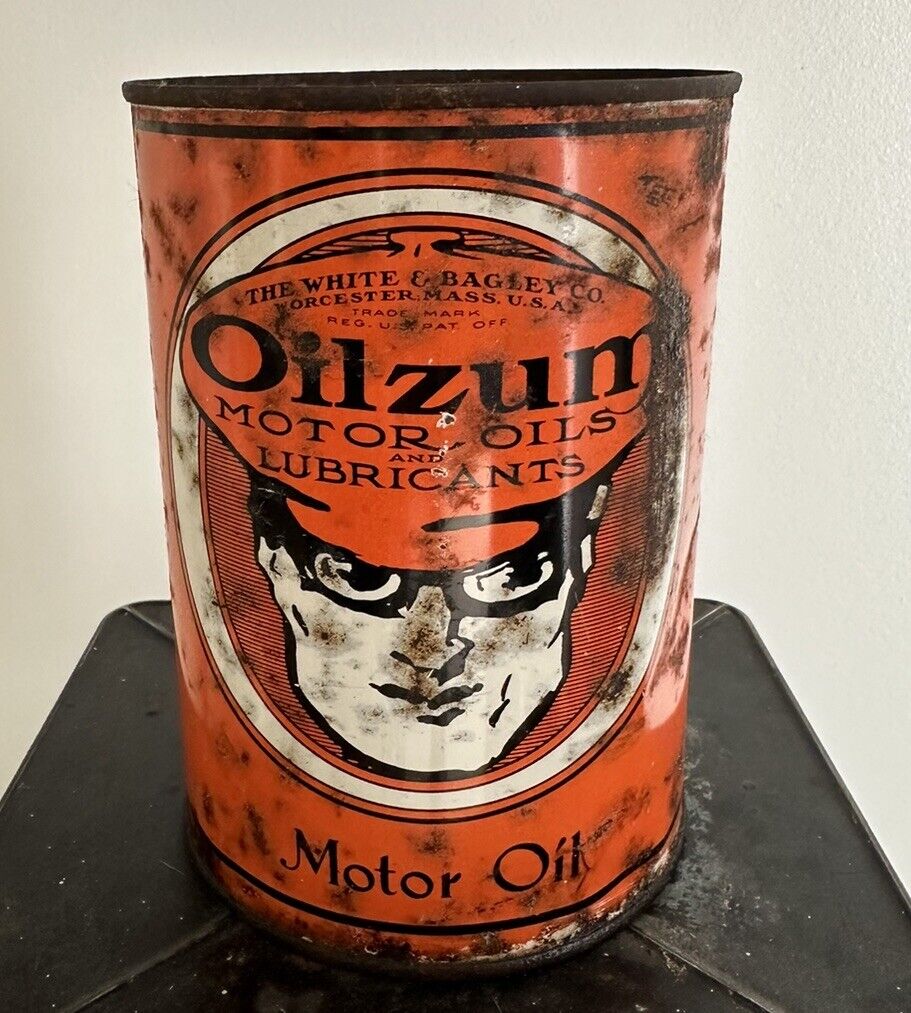 Vintage 1930s  Oilzum Motor Oil Can Full One Quart The White & Bagley Co. Mass