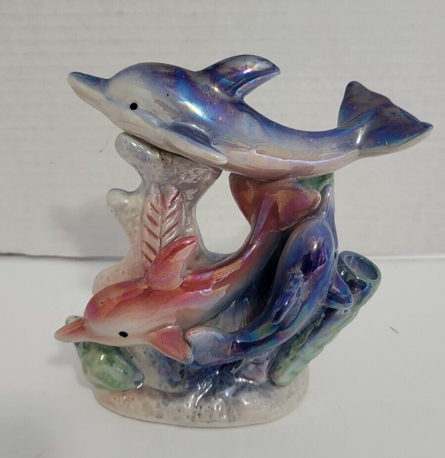 Vintage K's Collection Porcelain Lusterware Dolphin Family Figurine Multi-color