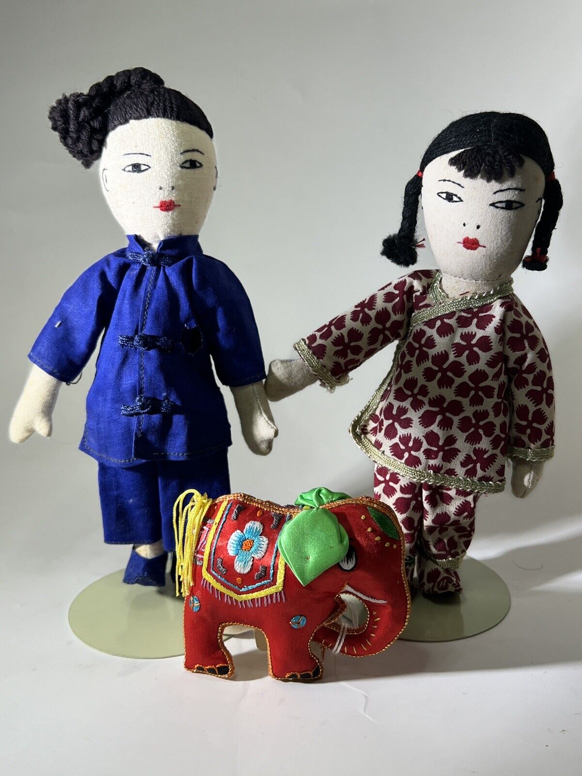 Vintage 1960’s Chinese Ada Lum Cloth Dolls - Man and Woman + Pier1 Elephant