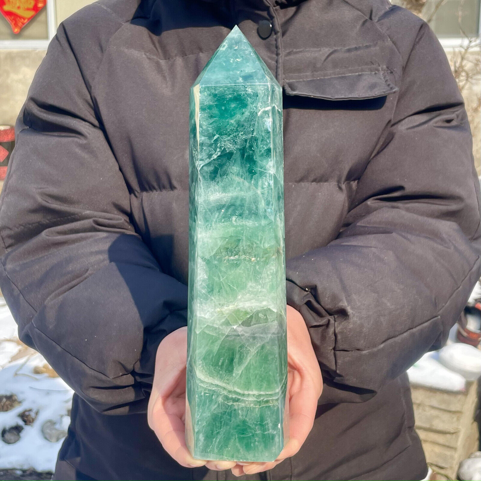 5.58LB Large Natural Green Fluorite Crystal Obelisk Quartz Tower Healing Wand Po