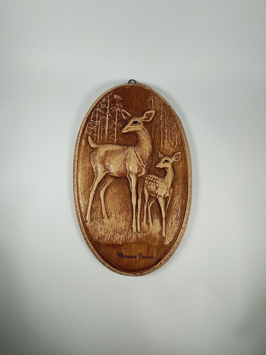 Vintage Oval Chalkware 3D Wall Hanging Deer Carving Souvenir Orn-a-Craft 1945