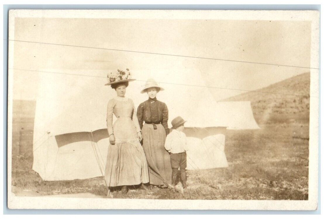 c1910\'s Women Little Boy Big Hat Tent Farm Colorado CO RPPC Photo Postcard