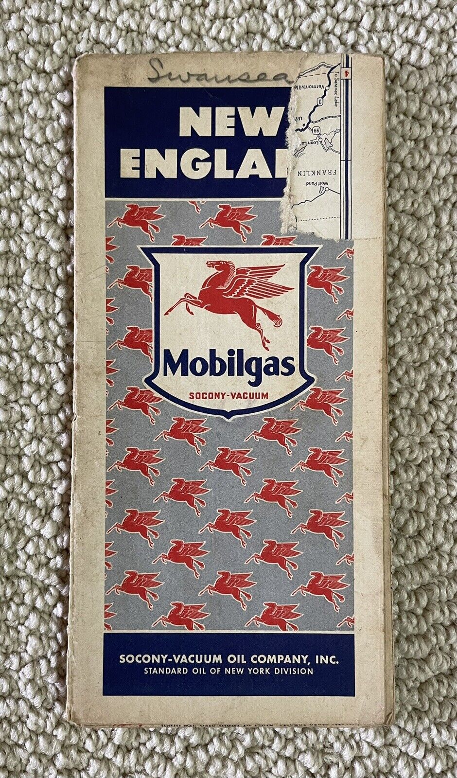 Vintage MOBILGAS Socony-Vacuum Gas & Oil Folding Road Map – NEW ENGLAND 1940s