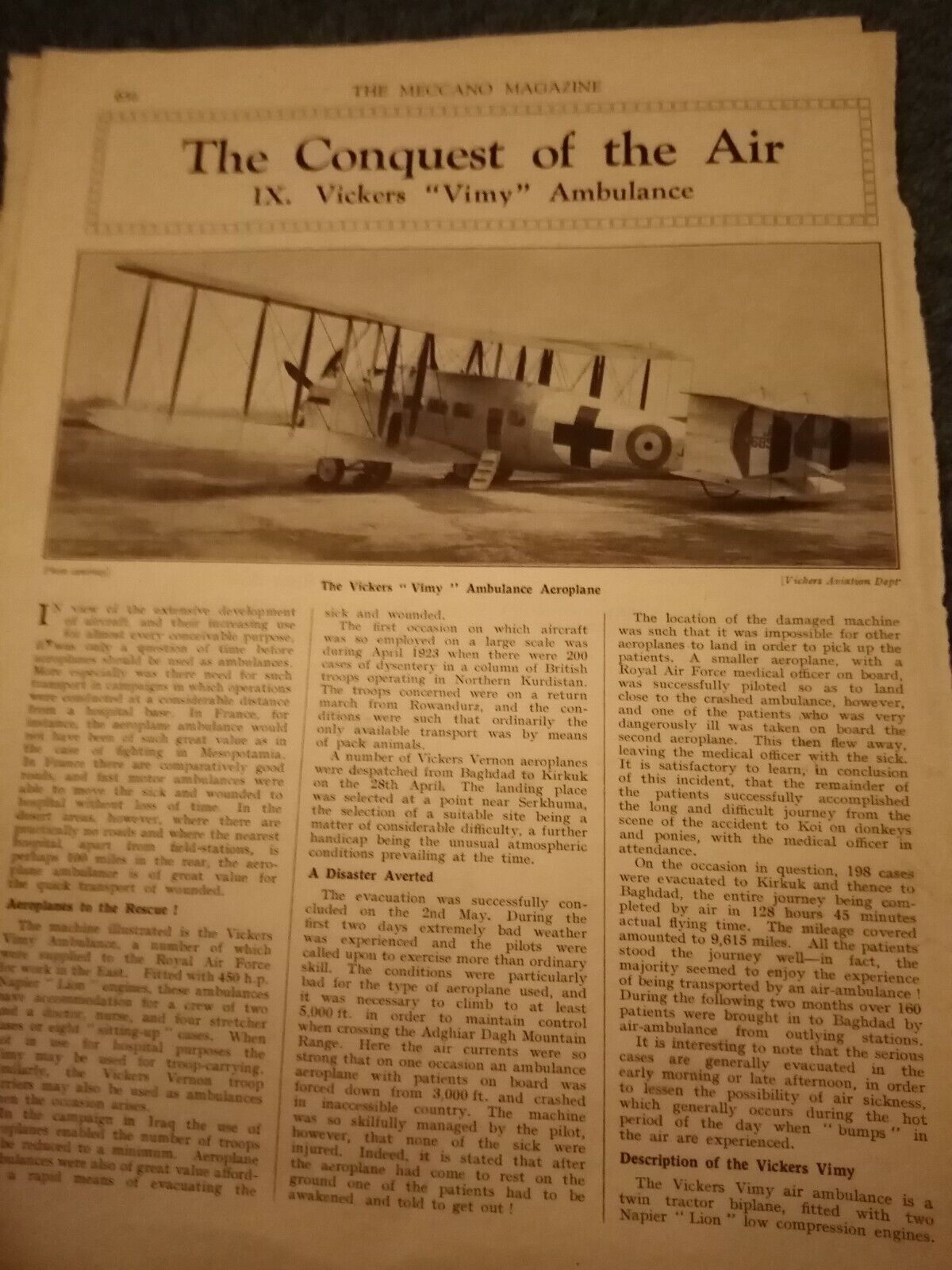 Sa37 Ephemera 1925 article the vickers vimy ambulance 