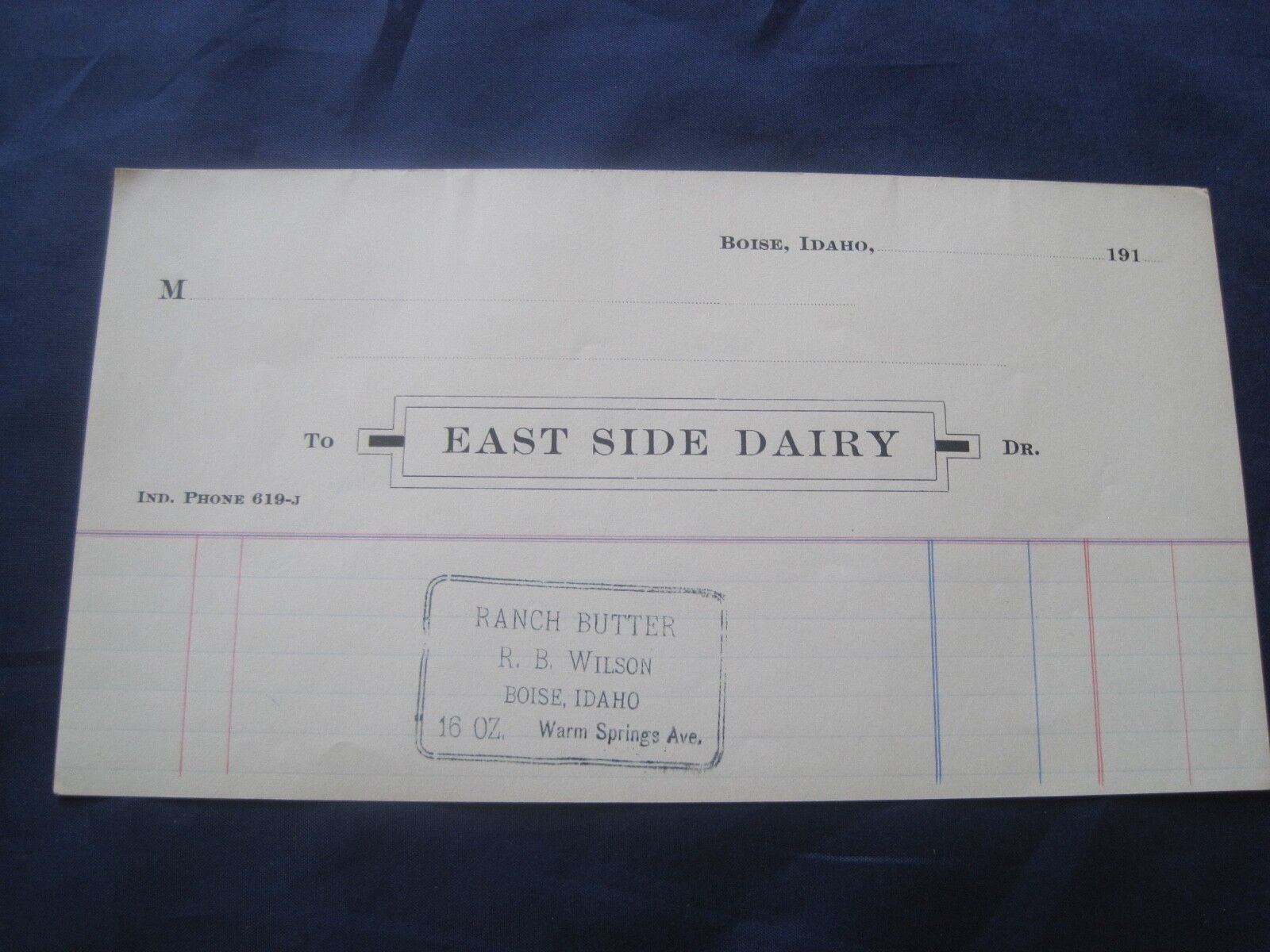 East Side Dairy Invoice Boise Idaho 191_  Antique Document