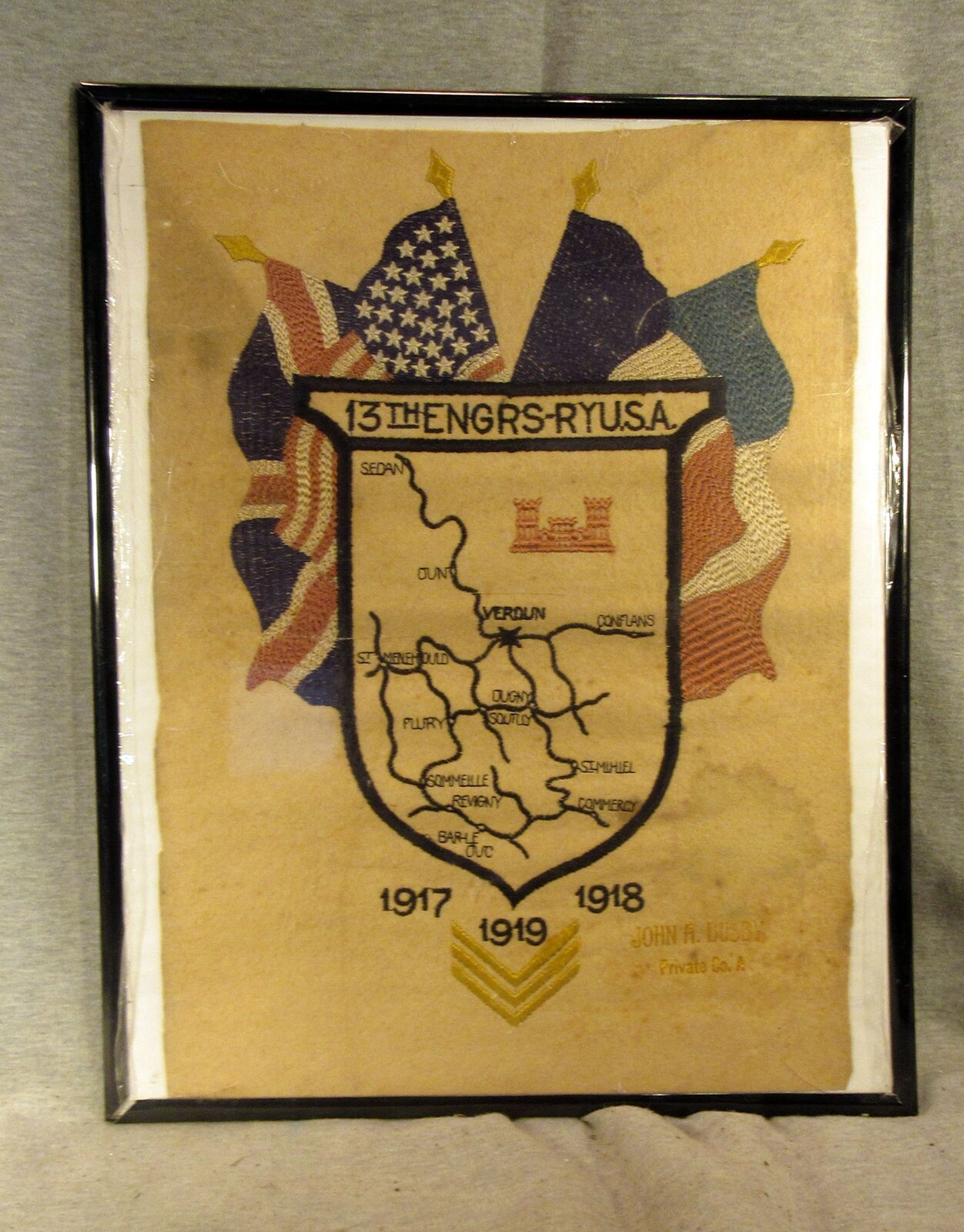 WWI Era 13th Engineers  RY USA 1917 1918 1919 Wool Trench Art Matte Map Framed