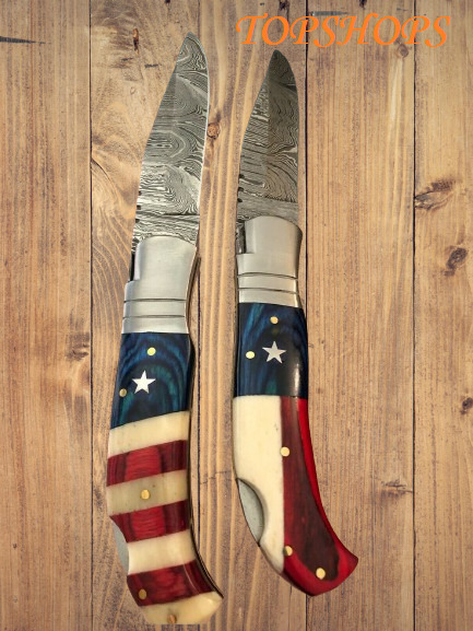 20Pcs Lot (10 each) Handmade Damascus Folding Pocket Knife American & Texas Flag