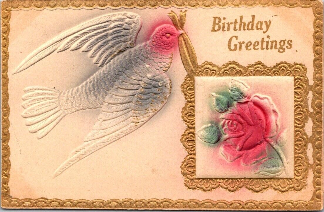 Birthday Greetings Embossed Dove & Rose Colorful Antique Postcard B22