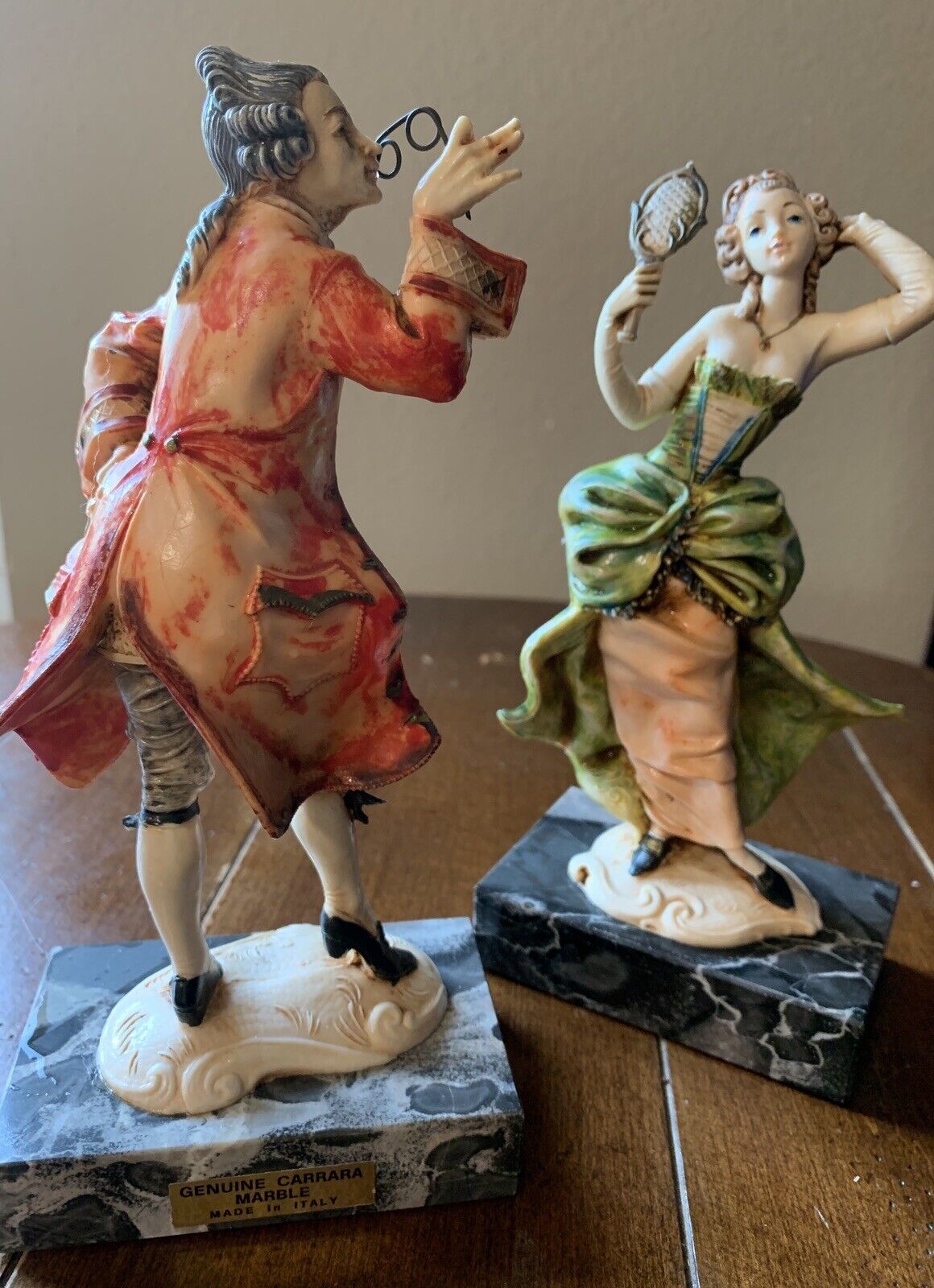 A Pair Of Figurine Genuine Carrara Marble Base Made In Italy 