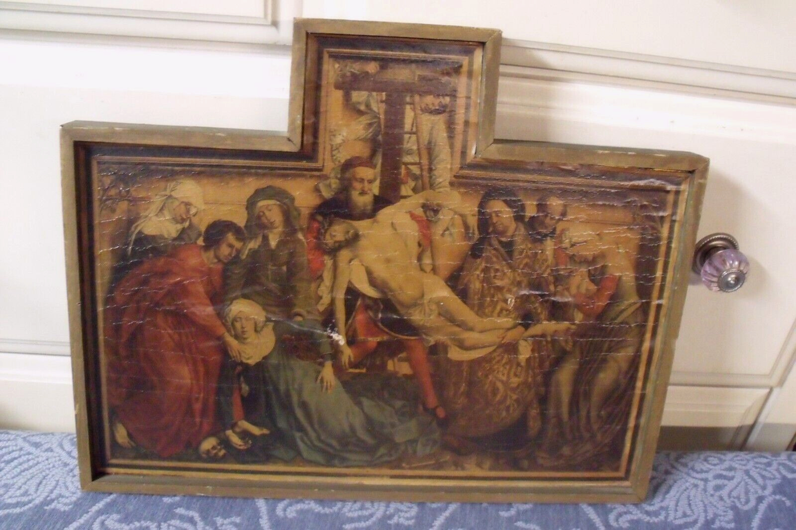 ANTIQUE RUSSION ICON ~ JESUS TAKEN FROM CROSS ~ OLD PRINT ON WOOD