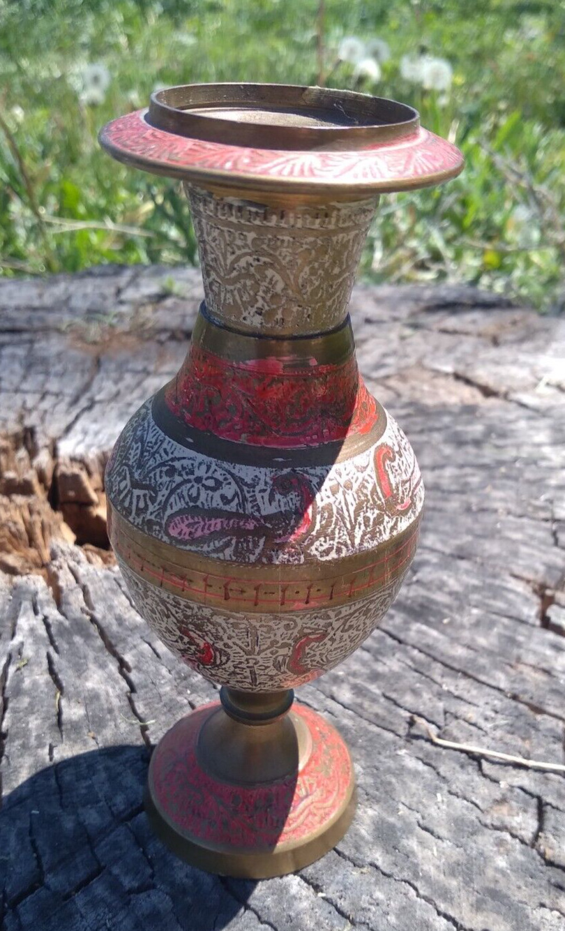 Vintage Red White Enamel Brass Bud Vase 6 inches