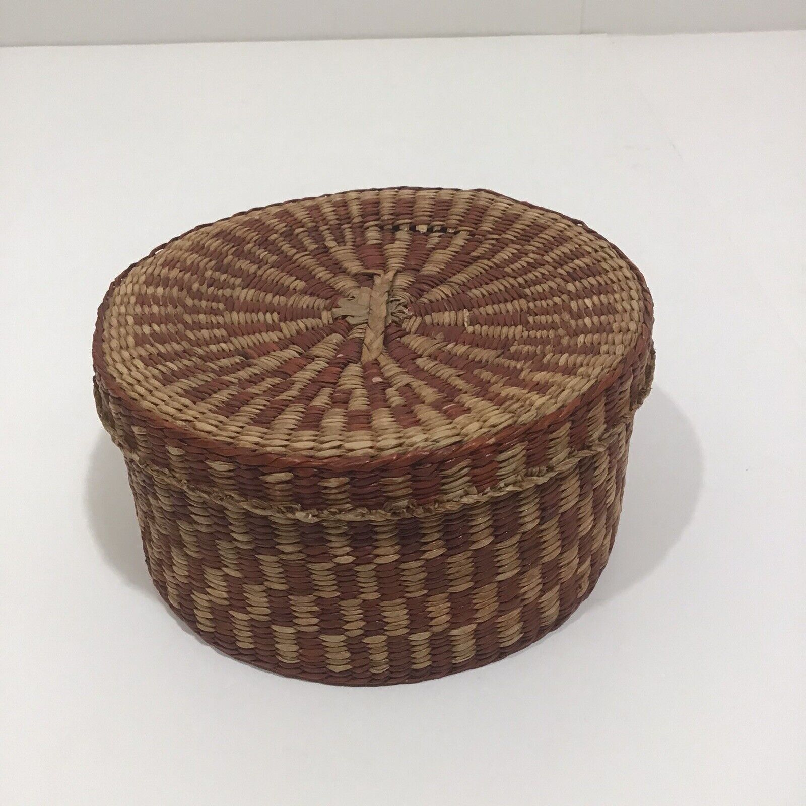 Vintage Hand Woven Grass Basket With Lid  Natural & Red * Flaw