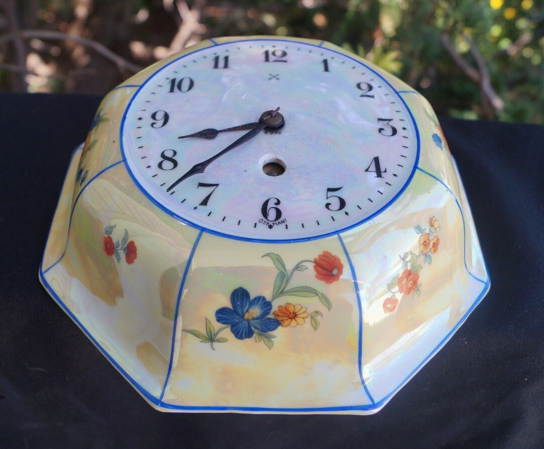 Vintage 1940s 8 Day German Painted Porcelain Wall Clock - IRIDIZED  - WORKS