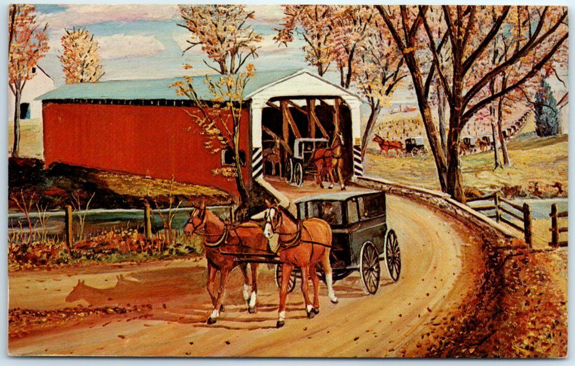 Postcard - Covered Bridge and Carriages