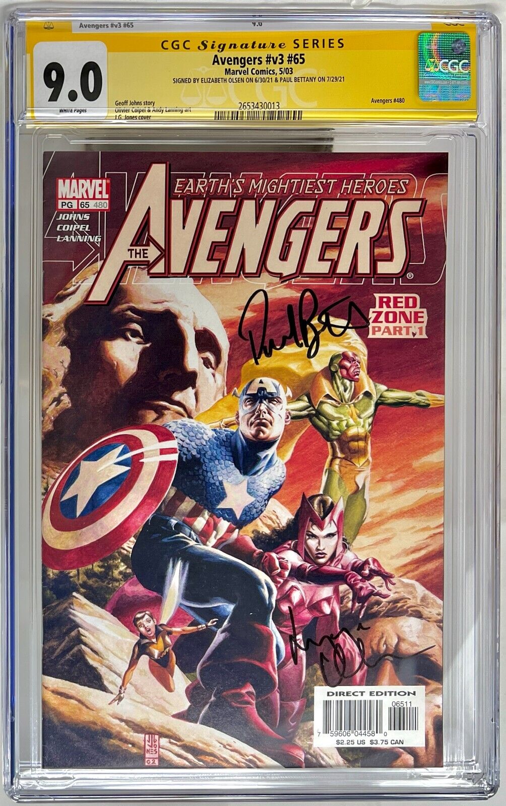 CGC SS Graded 9.0 Marvel Avengers #65 Signed Elizabeth Olsen Paul Bettany