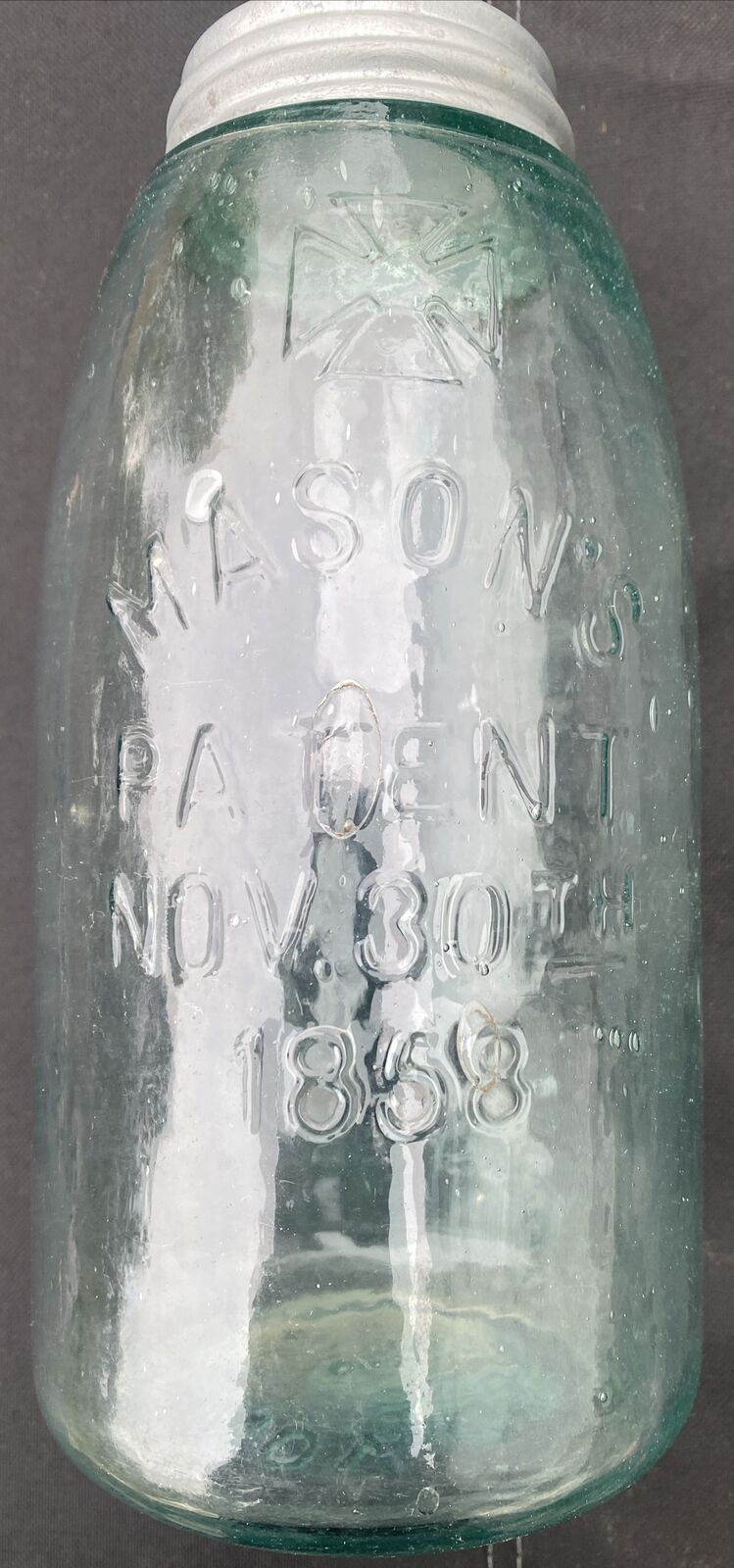 Maltese Cross Blue Glass Mason Jar  Atlas Zinc Lid 2 Quart Pat. 1858, Bubble