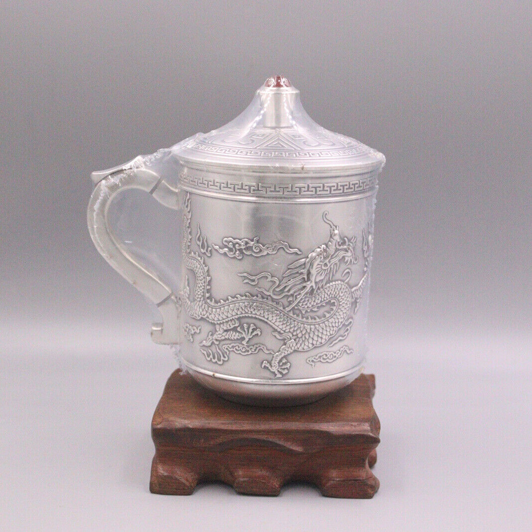 Fine 999 Pure Silver Mug Handmade Vintage Dragon with Lid Tea Cup Medinum Mugs
