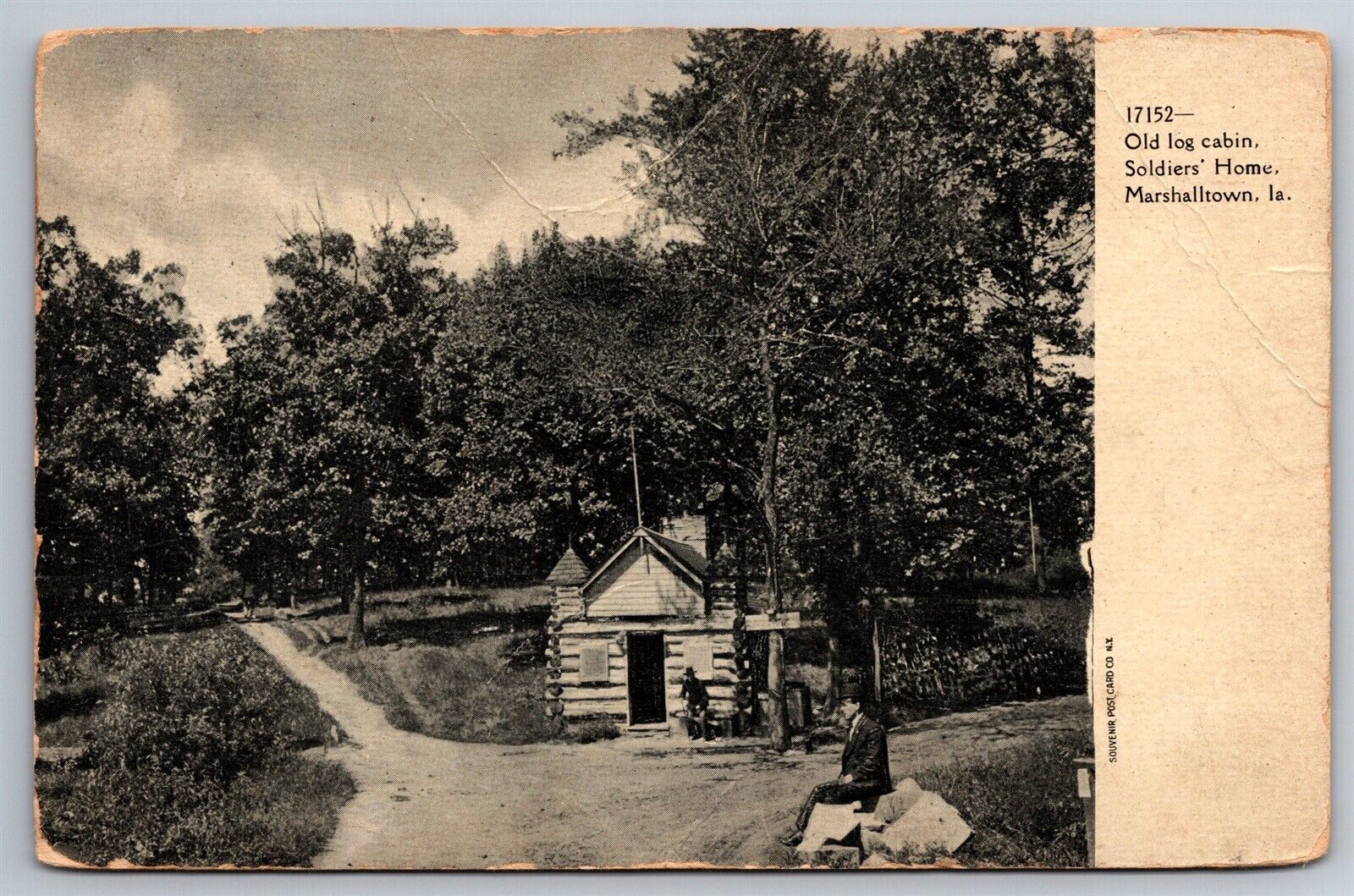 Old Log Cabin Soldiers Home Sitting On Rock Marshalltown IA C1901 Postcard F24