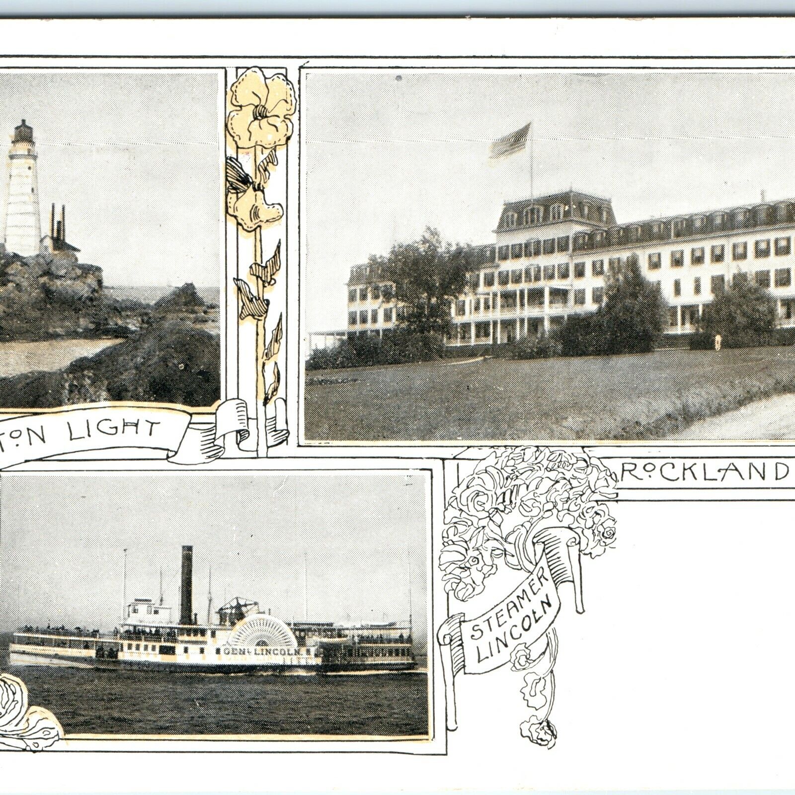 c1900s Boston, MA Lighthouse Rockland House Lincoln Steamer Filenes Postcard A52