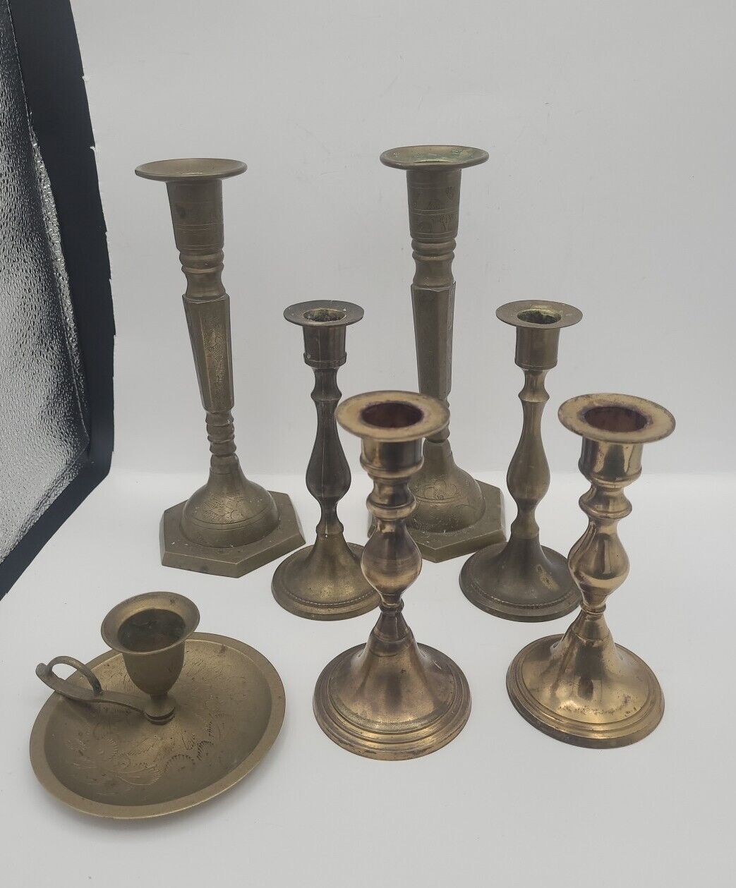 Mixed Lot of 7 Vintage Brass Candlesticks Holders Patina/Cond/Size Varies