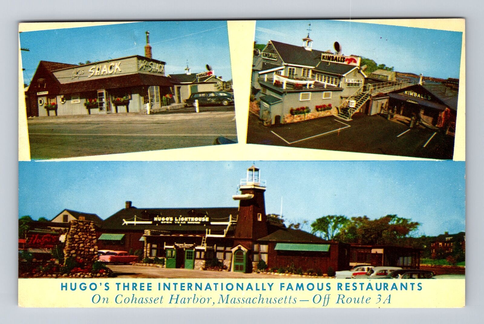 Cohasset Harbor MA-Massachusetts, Hugo\'s Three Intl Restaurants Vintage Postcard