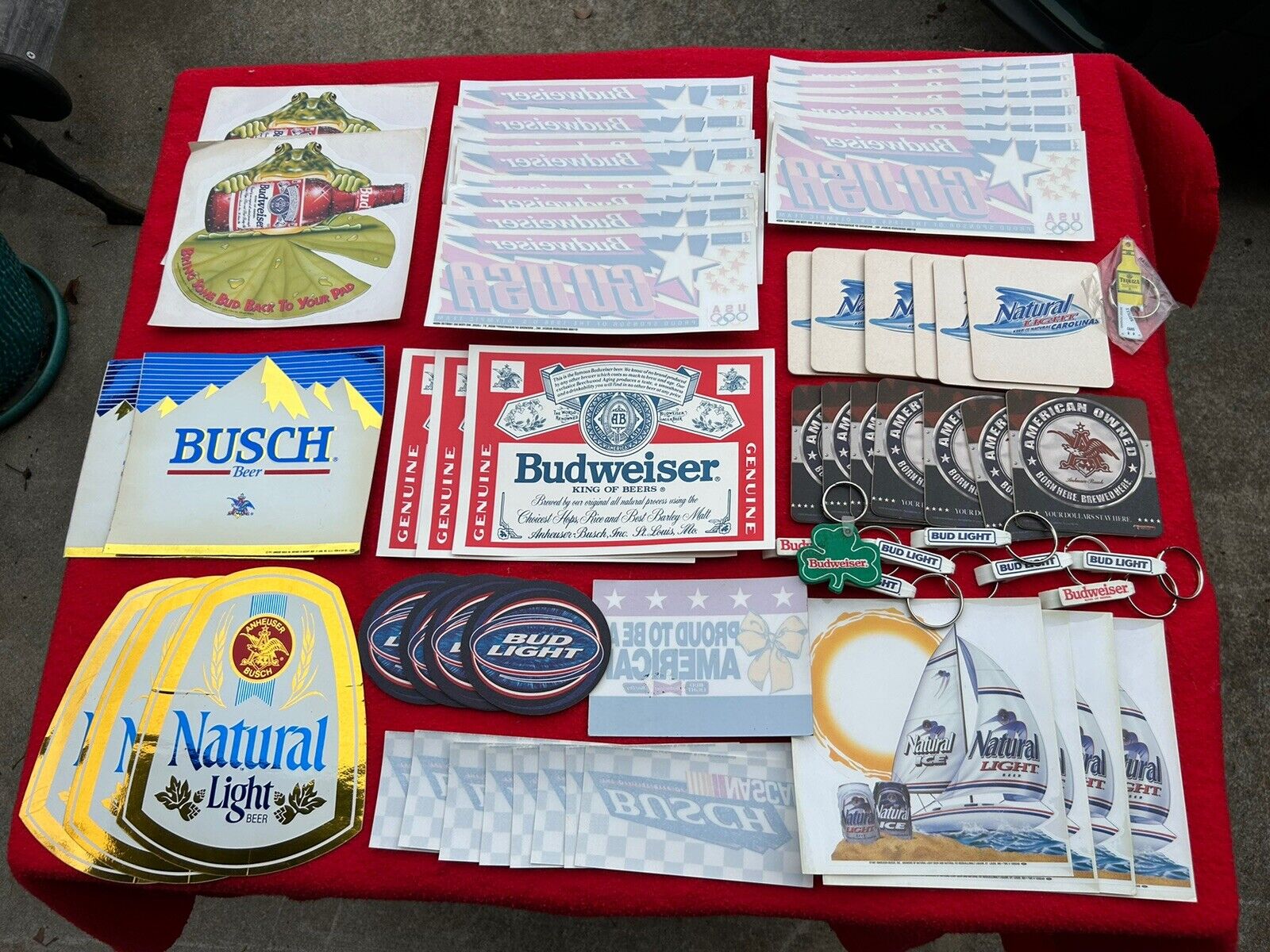 Vintage Lot NOS Beer Decals, Coasters, Openers, Olympics, NASCAR Budweiser Busch