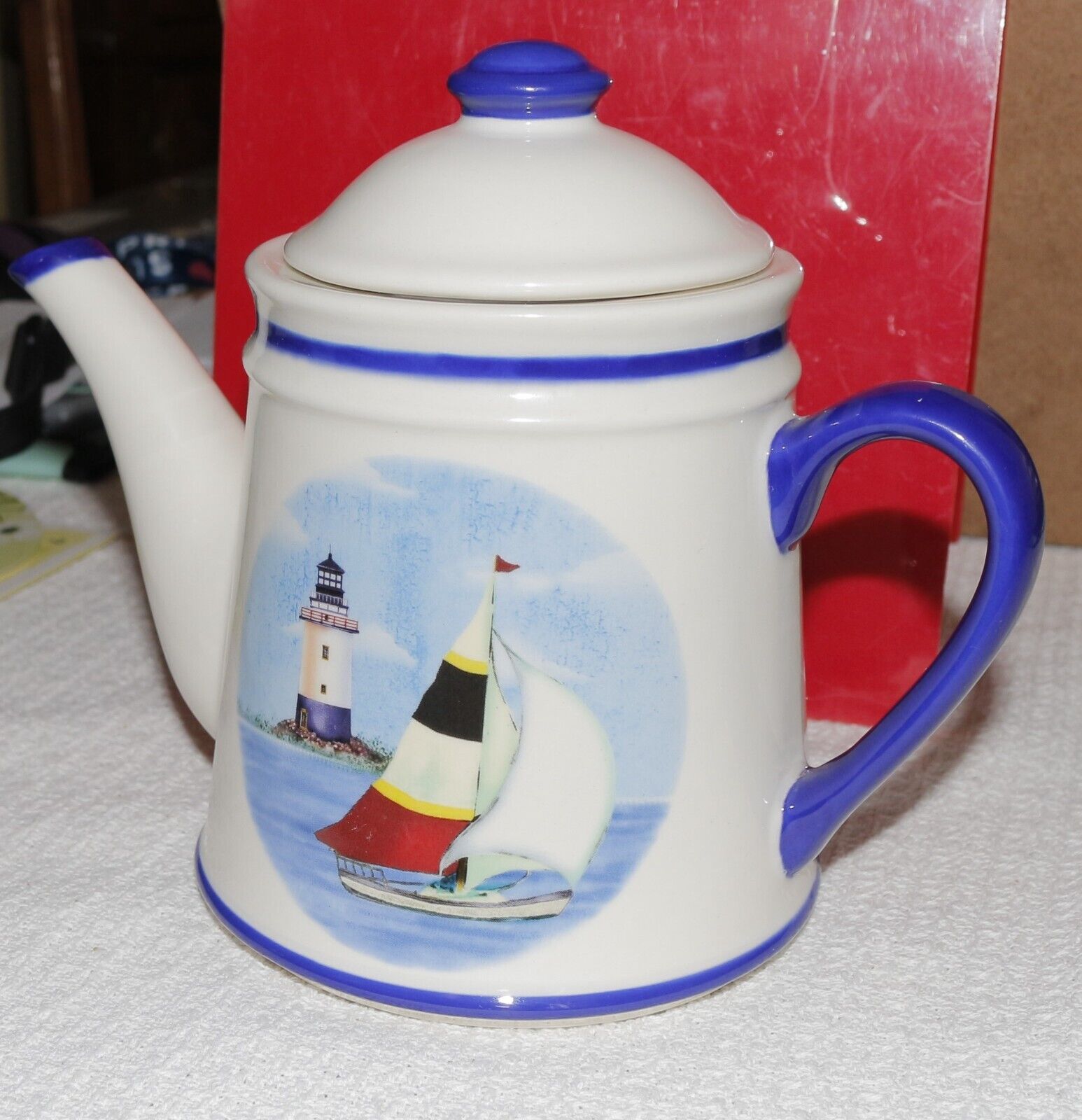 Vintage Teapot by Vigor Int\'l Inc.  Sailboat Teapot - White Blue MINT