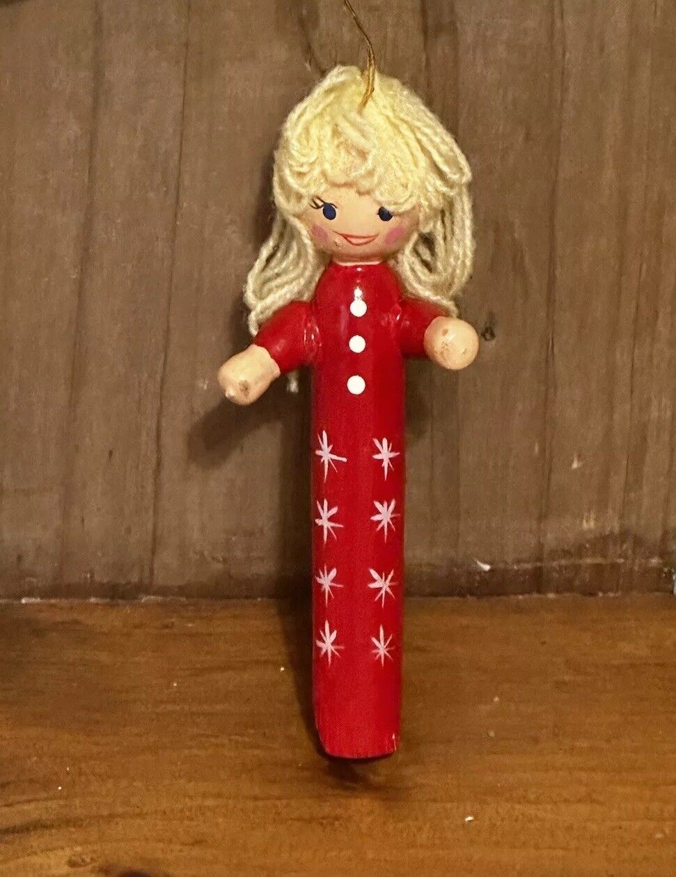 Handmade Vintage Clothespin Ornament Blonde Girl In Red Christmas Pajamas