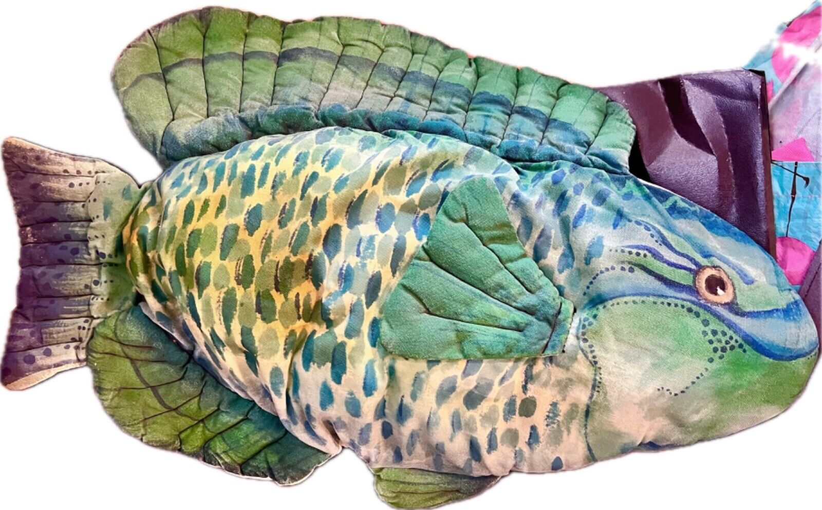 Vintage Maui Artist Signed Fish Body Pillow -may need washing -stored- 25 yrs ol